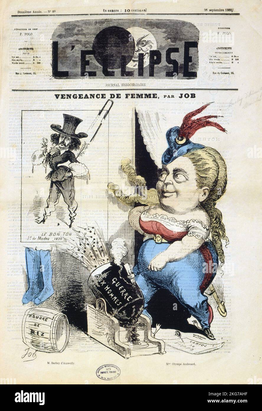 La caricatura dello scrittore francese Jules Barbey d'Aurevilly pubblicata sulla prima pagina della rivista 'l'Eclipse' il 26 settembre 1869. Disegno per lavoro. Foto Stock