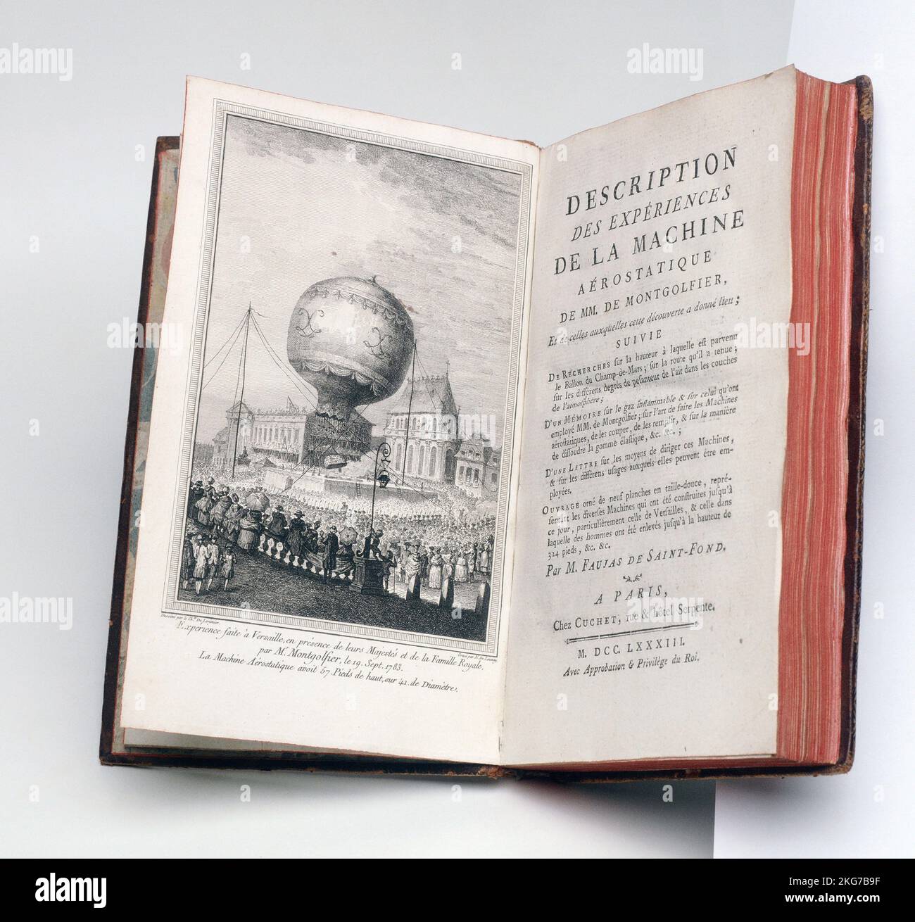 Descrizione degli esperimenti di macchine aerostatiche di SIRS de Montgolfier di Barthélémy Faujas de Saint-Fond. Edizione: Novembre 1783 frontespizio: Incisione di le Chevalier de Lorimier e incisa di Nicholas de Launay (20,5 x 13 cm) Collezione Muller-Quênot Foto Stock