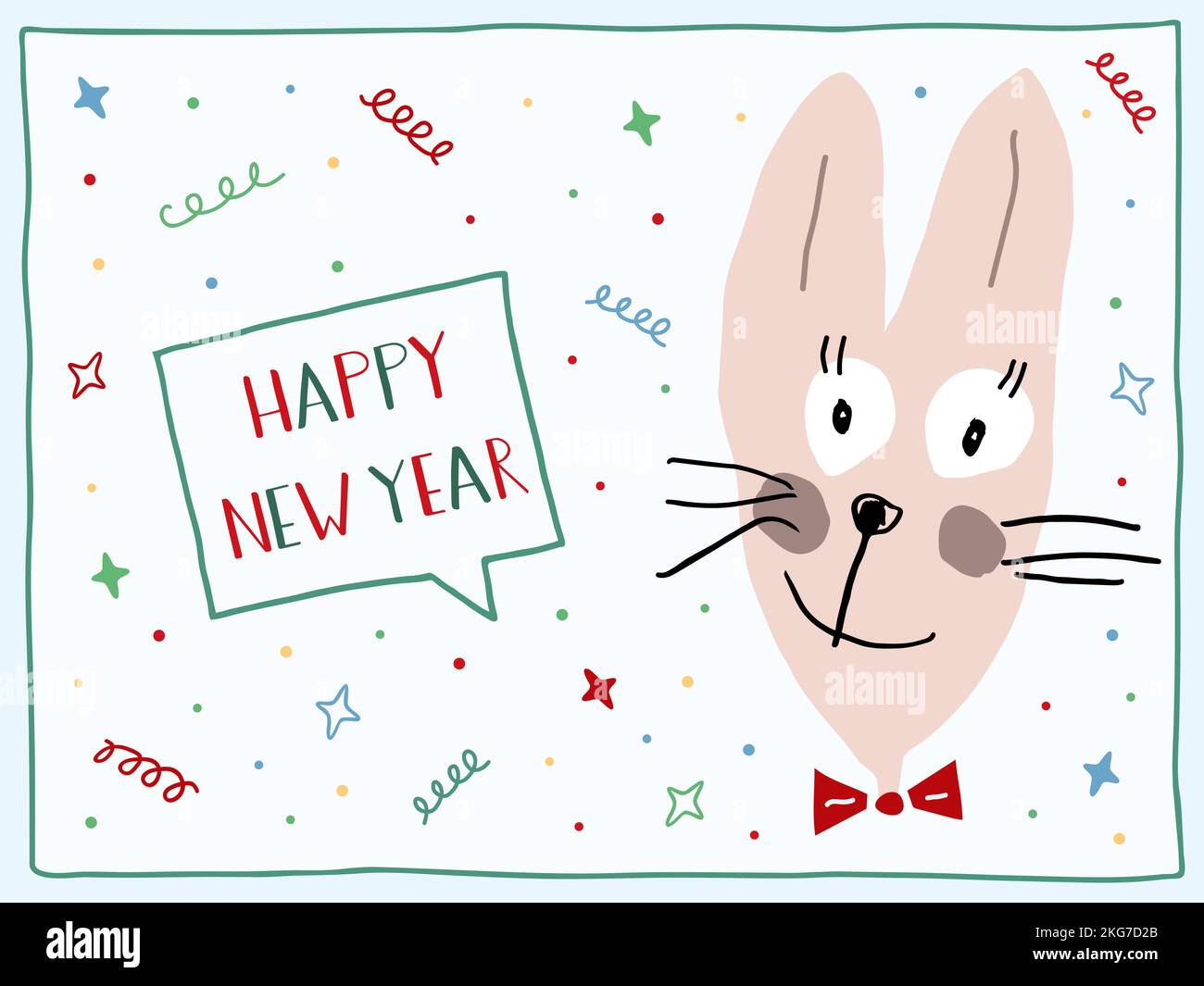 Divertente coniglietto dice Felice Anno Nuovo. Una lepre disegnata a mano e un testo scritto a mano. Il 2023 è l'anno del coniglio nel calendario cinese. Biglietto d'auguri. Illustrazione Vettoriale