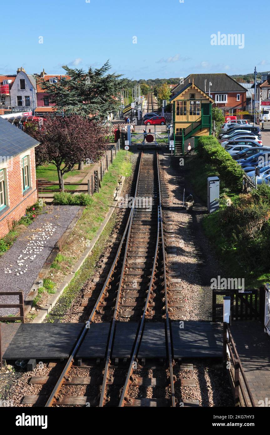 Il collegamento tra il patrimonio della North Norfolk Railway e la rete ferroviaria nazionale di Sheringham, Norfolk, Inghilterra, Regno Unito Foto Stock