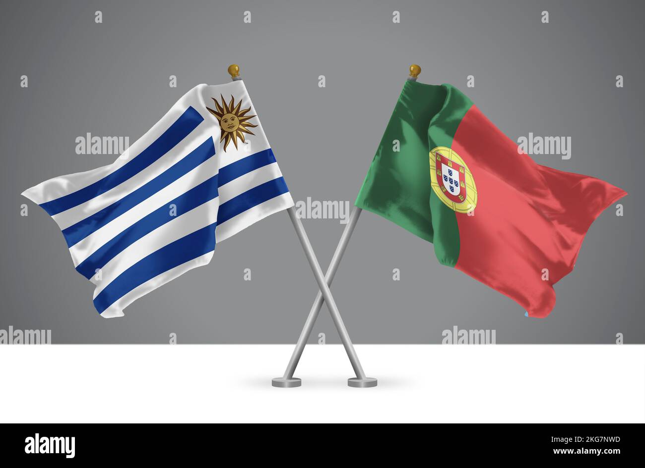 3D illustrazione di due bandiere ondulate incrociate dell'Uruguay e del Portogallo, segno delle relazioni uruguaiane e portoghesi Foto Stock
