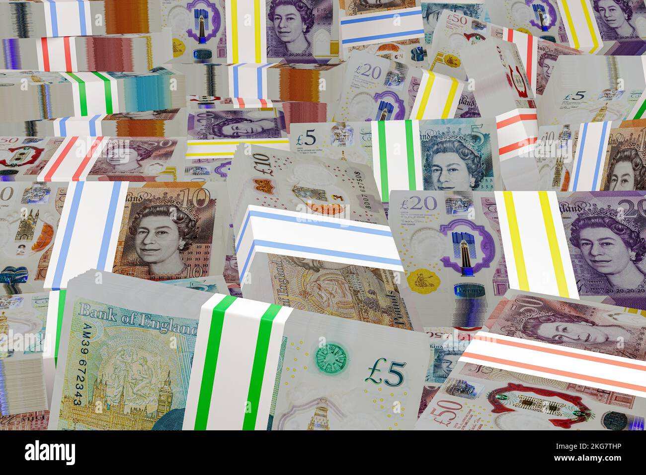 informazioni di base sui soldi del regno unito pacchetti di banconote britanniche pile di banconote bancarie di valuta britannica Foto Stock