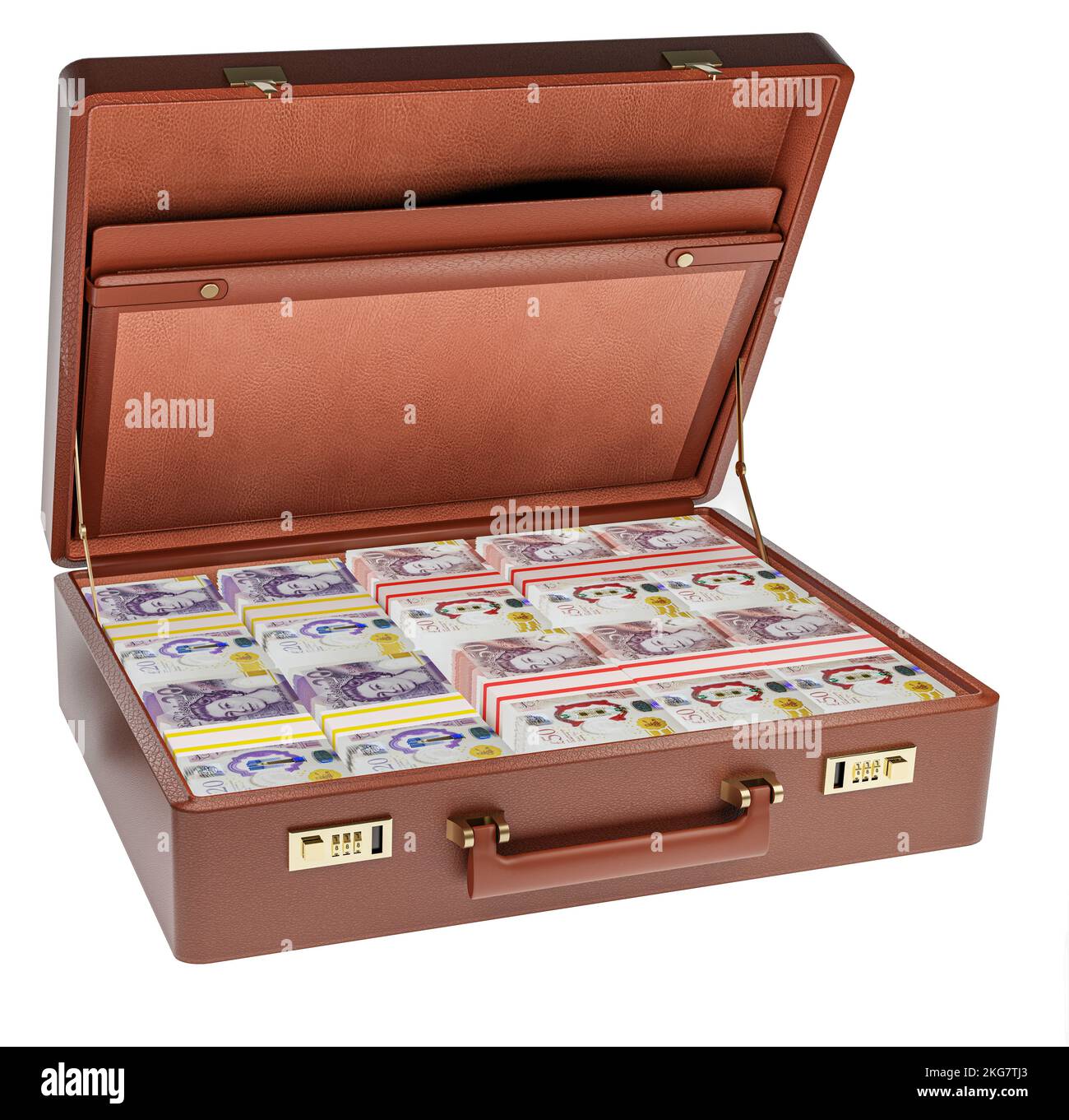 Valigetta piena di pacchetti monetari britannici di valuta britannica impilati in una valigetta piena di banconote da £20 e £50 banconote in banconote Foto Stock