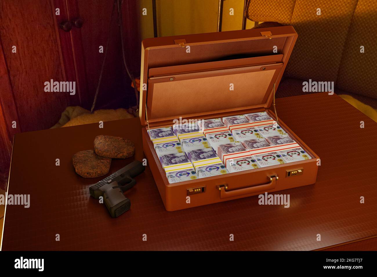 Concetto di hashish spacciatore di droga droga cannoni da arma da fuoco sporco riciclaggio di denaro valigetta piena di banconote in denaro del Regno Unito Foto Stock