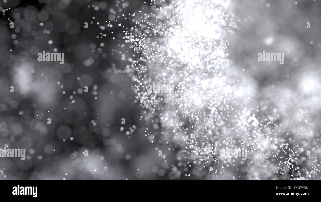 3D rendering di grappolo di particelle bianche che si flettono su sfondo nero con bokeh Foto Stock