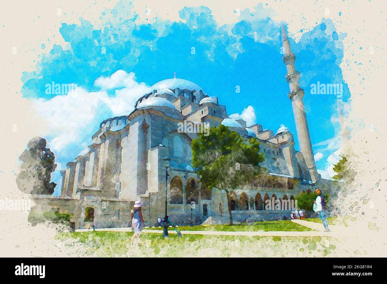 Suleymaniye Moschea acquerello pittura schizzo effetto foto. Pittura digitale di acquerello del cortile di Suleymaniye Camii, Istanbul, Turchia. Foto Stock