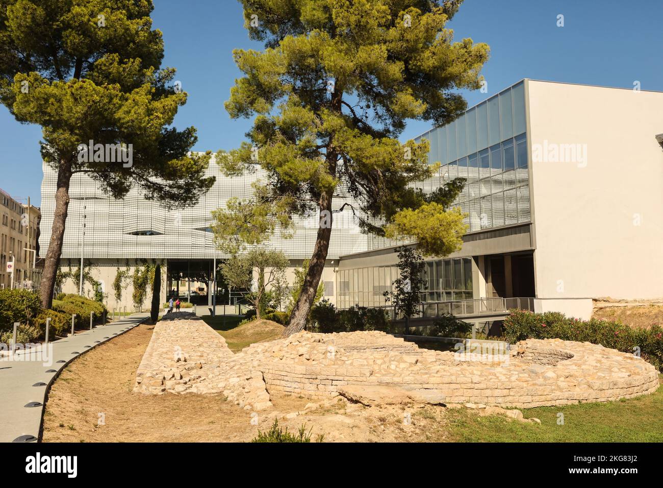 Museo Romanité,Musée de la Romanité,moderna,architettura moderna,edificio,archeologico,museo,alloggiamento,case,a,collezione,di,antiche,reliquie,romane,nel,centro,di,Nimes,Languedoc,regione,popolare,turistica,posizione,con,molte,attrazioni,tra cui,impressionante,Les Arenas,romano,anfiteatro,e,Maison Carrée,sud di Francia,Francia,Europa,francese,agosto,estate,Europa,europea Foto Stock