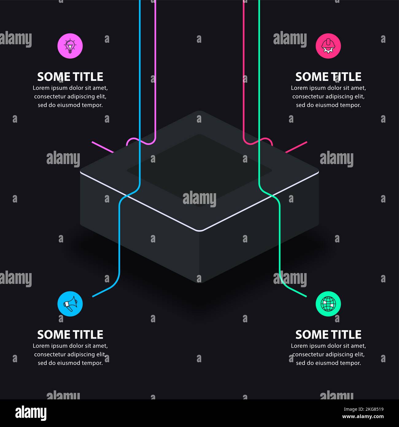 Modello infografico con icone e 4 opzioni o passaggi. Può essere utilizzato per il layout del flusso di lavoro, il diagramma, il banner, il webdesign. Illustrazione vettoriale Illustrazione Vettoriale