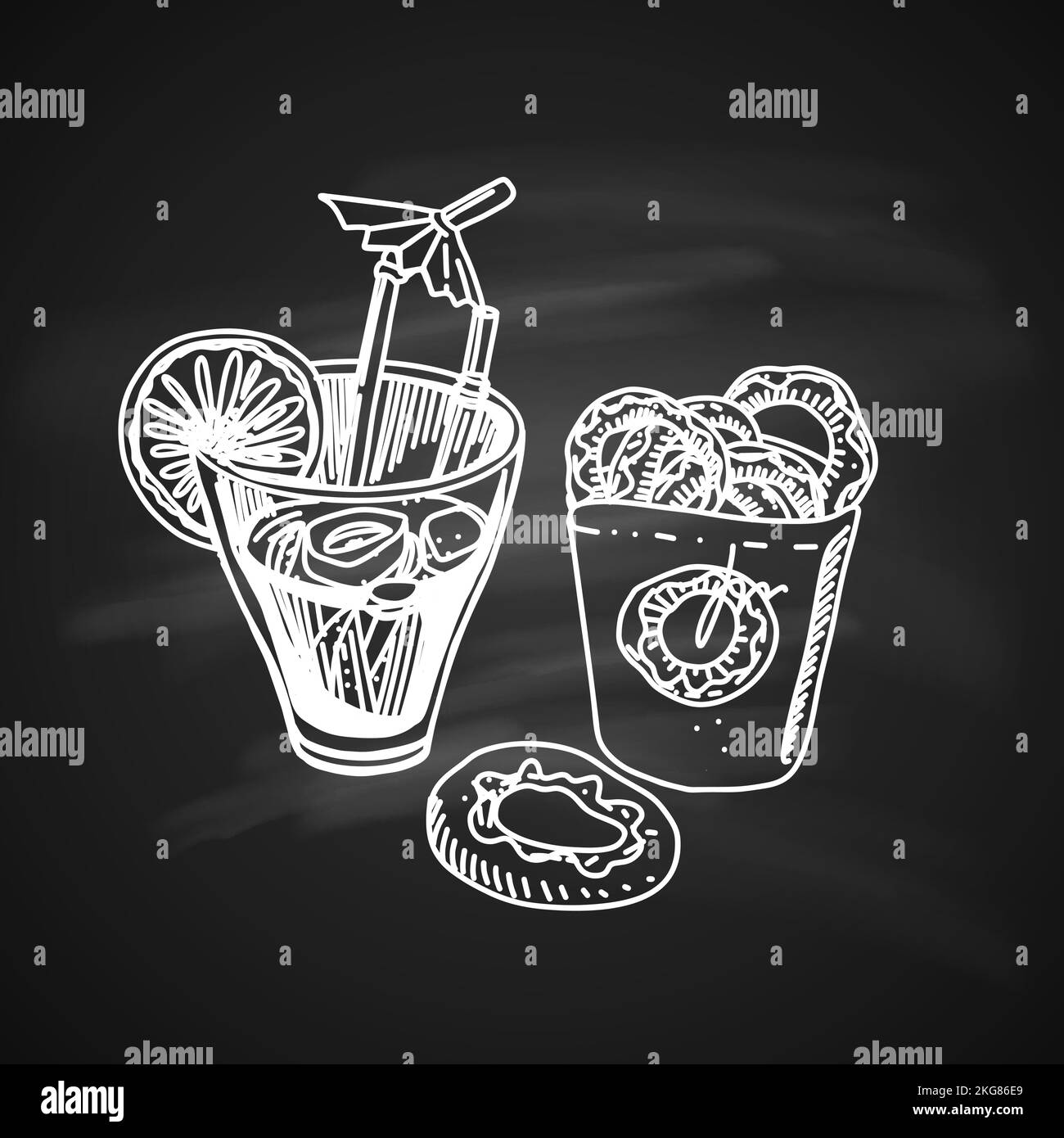 Cocktail freddo con lime e confezione di ciambelle. Isolato su Blackboard Illustrazione Vettoriale