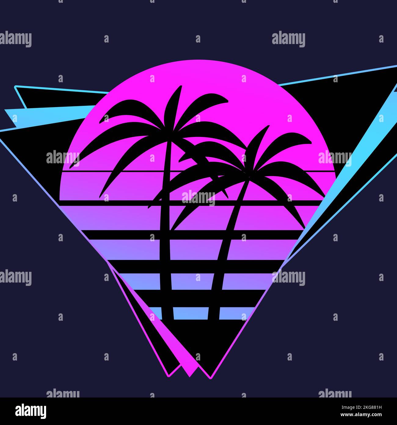 Un'illustrazione retrofondante in stile 80s di palme e sole nei colori viola e nero Foto Stock