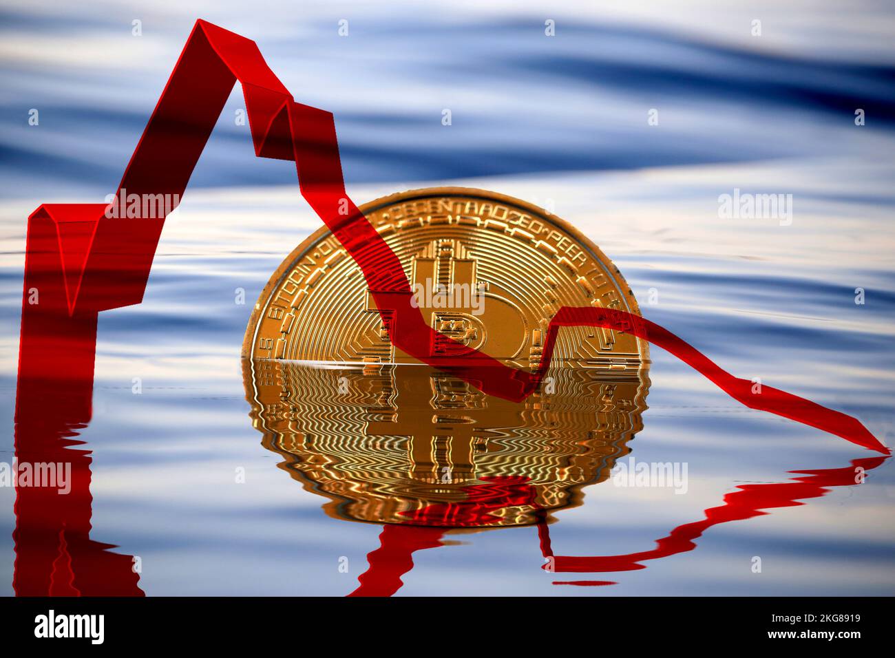 Immagine illustrativa di una moneta di criptovaluta sommersa in acqua in combinazione con una linea di tendenza del mercato azionario finanziario Foto Stock