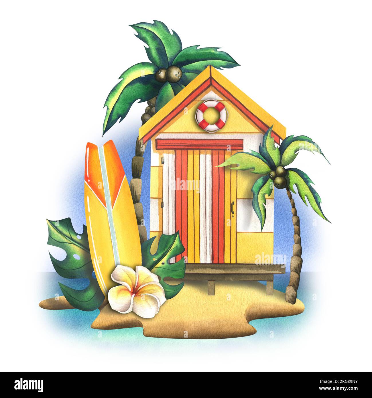 Spiaggia di pesca, a strisce casa di legno con una tavola da surf, palme, foglie tropicali. Illustrazione acquerello. Composizione della collezione SURF Foto Stock