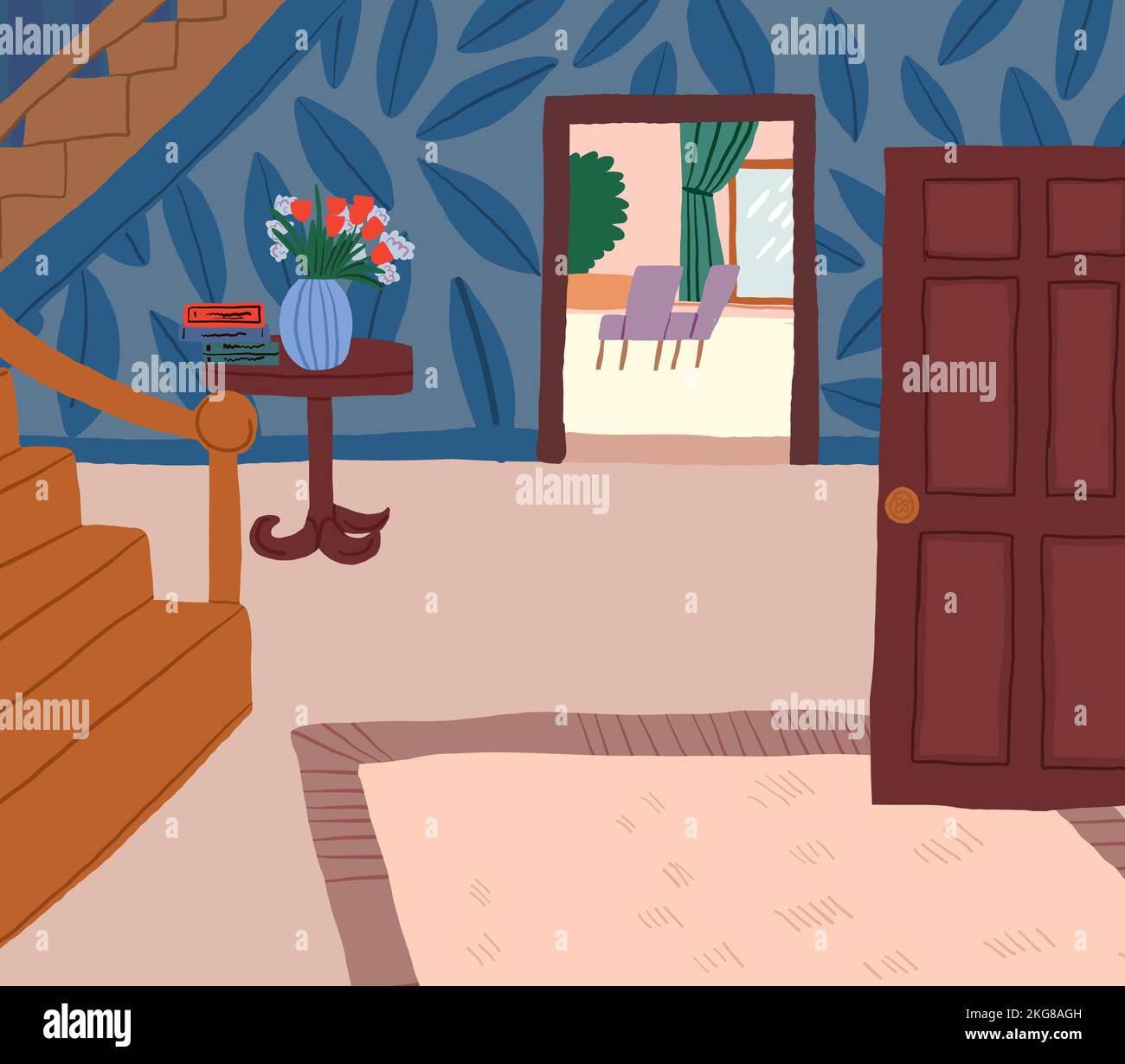 Illustrazione vettoriale dell'accogliente interno della casa, ingresso con scale, fiori. Illustrazione degli interni in stile vintage. Illustrazione vettoriale Illustrazione Vettoriale