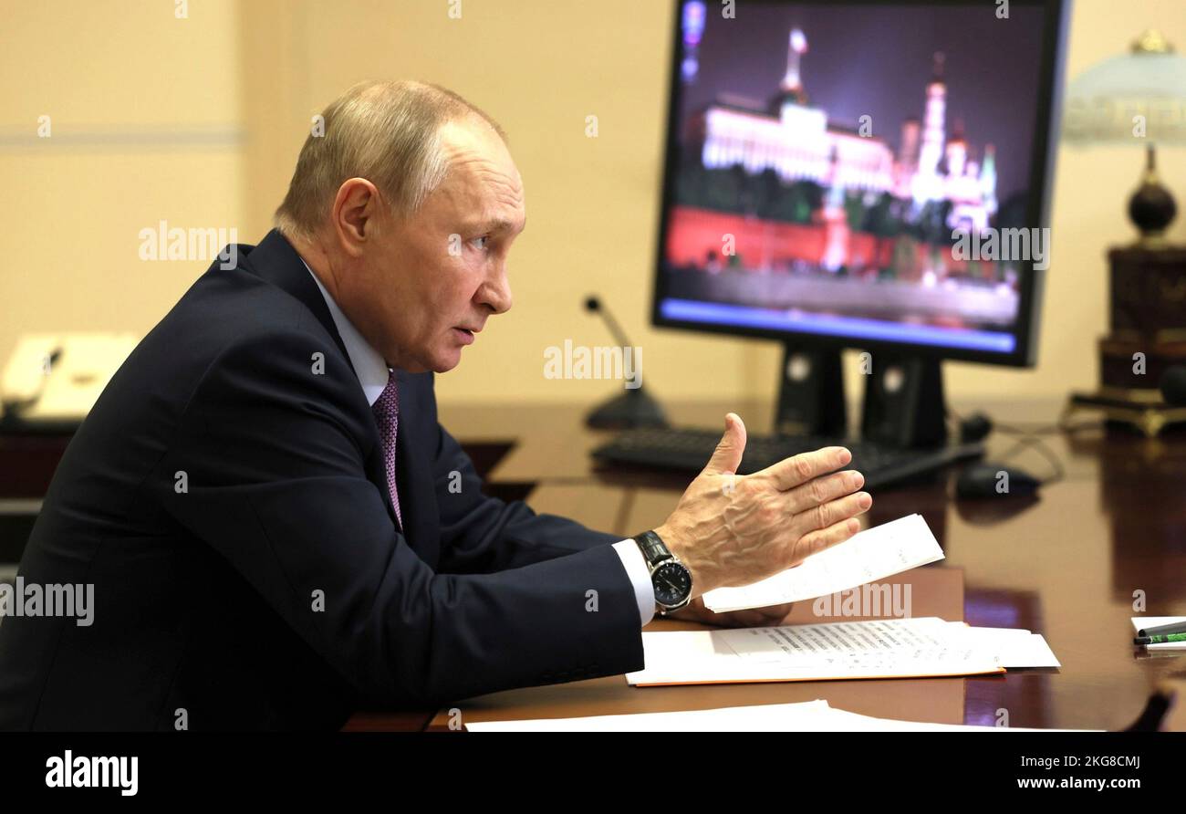 Novo-Ogaryovo, Russia. 22nd Nov 2022. Il presidente russo Vladimir Putin si unisce a un video link lancio di un impianto di allevamento e ricerca genetica della turchia nella regione del Tyumen dalla residenza presidenziale di Novo-Ogaryovo, 22 novembre 2022 a Mosca, Russia. Credit: Mikhail Metzel/Kremlin Pool/Alamy Live News Foto Stock