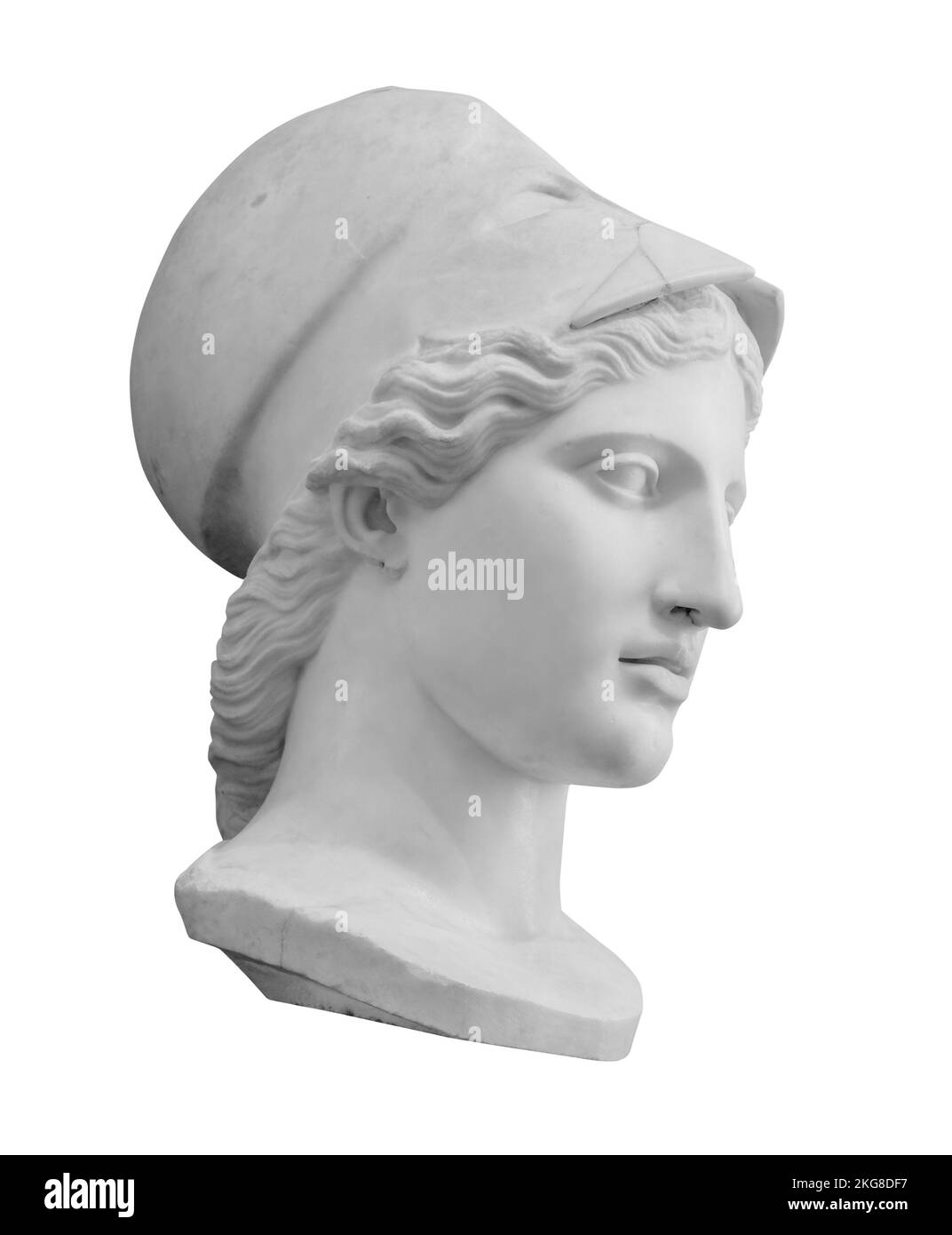 Antica statua della dea greca Athena Pallas. Testa donna in marmo in casco scultura foto isolata con clipping path Foto Stock