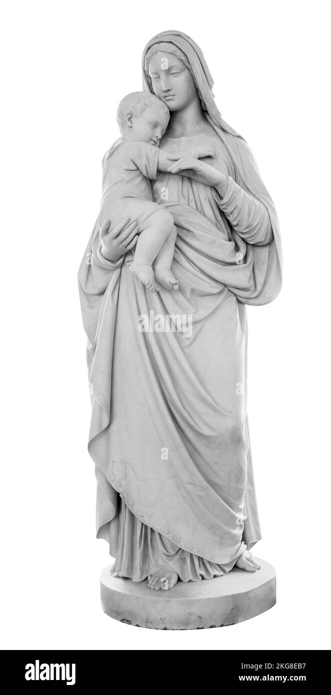 Vergine Maria e Cristo bambino in braccio statua isolata su sfondo bianco con clipping path. Madonna con scultura bambino Foto Stock