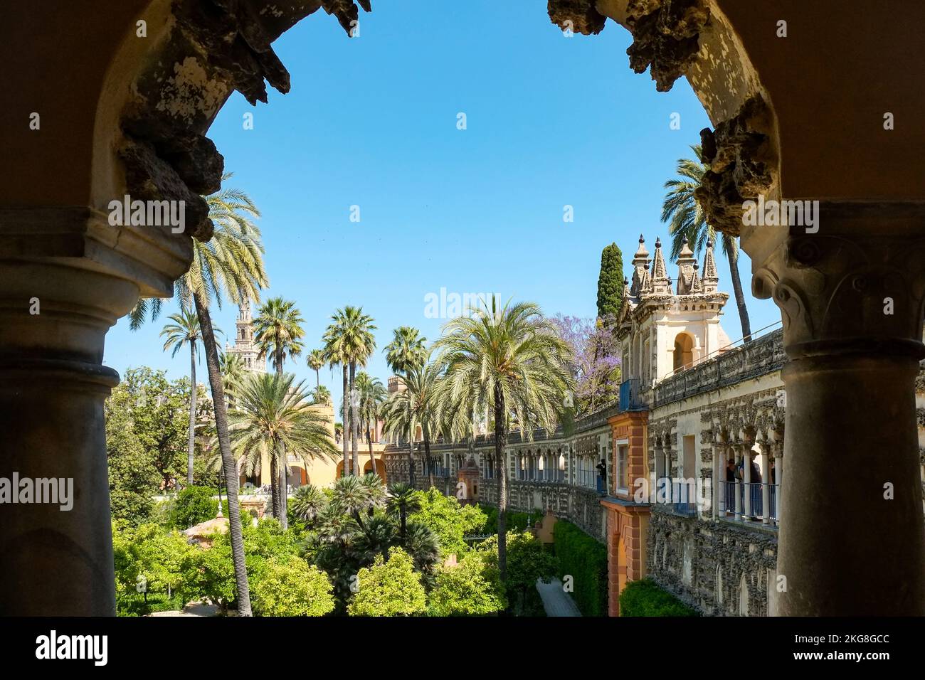 Siviglia, Spain.Alcázar di Siviglia, è un palazzo reale costruito dai cristiani castigliani sul sito di un albazar musulmano Abbaddo, o fortezza residenziale. Foto Stock