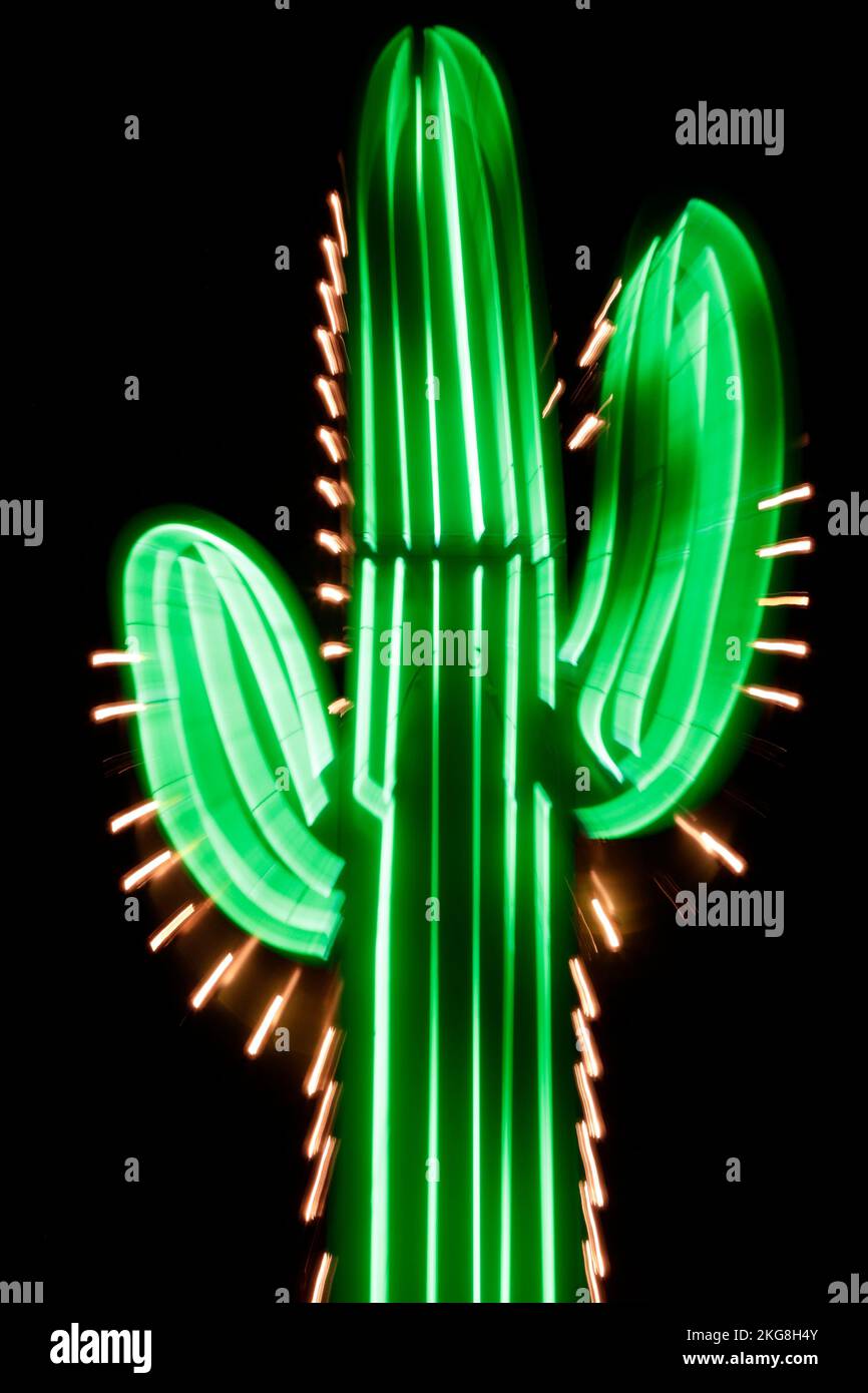 Insegna al neon a forma di cactus di notte Foto Stock