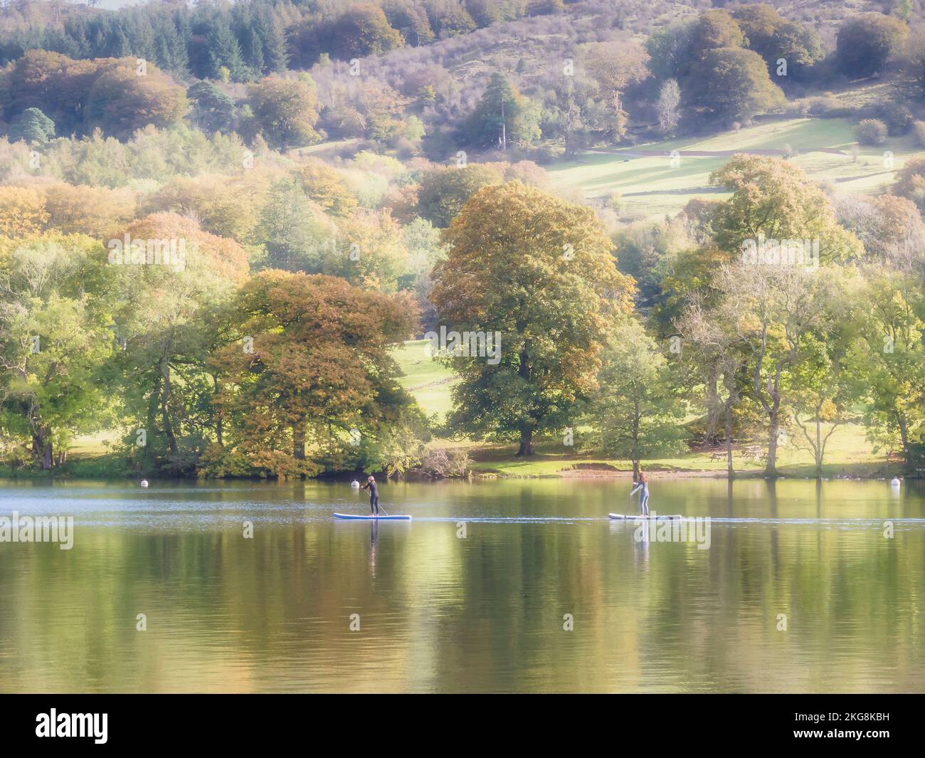 L'immagine è di due giovani donne pagaia a Lakeside sul lago Windermere in Cumbria Foto Stock