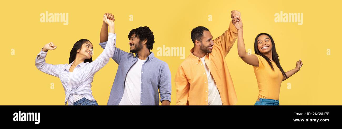 Coppie afro-americane e indiane che ballano sul giallo Foto Stock