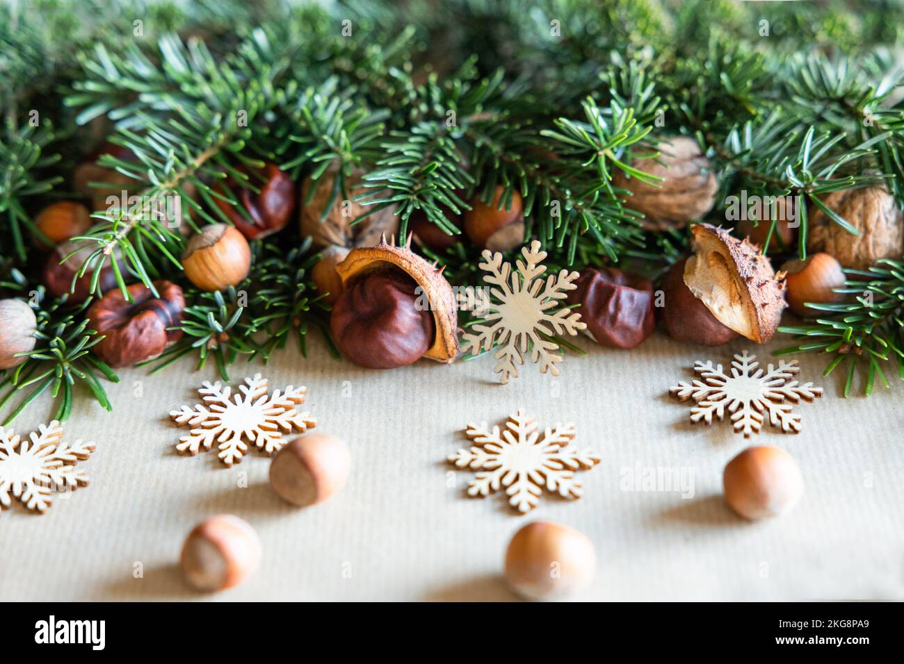 Rami verdi con noci sparse su rami di abete e fiocchi di neve in legno giacciono su carta artigianale Foto Stock