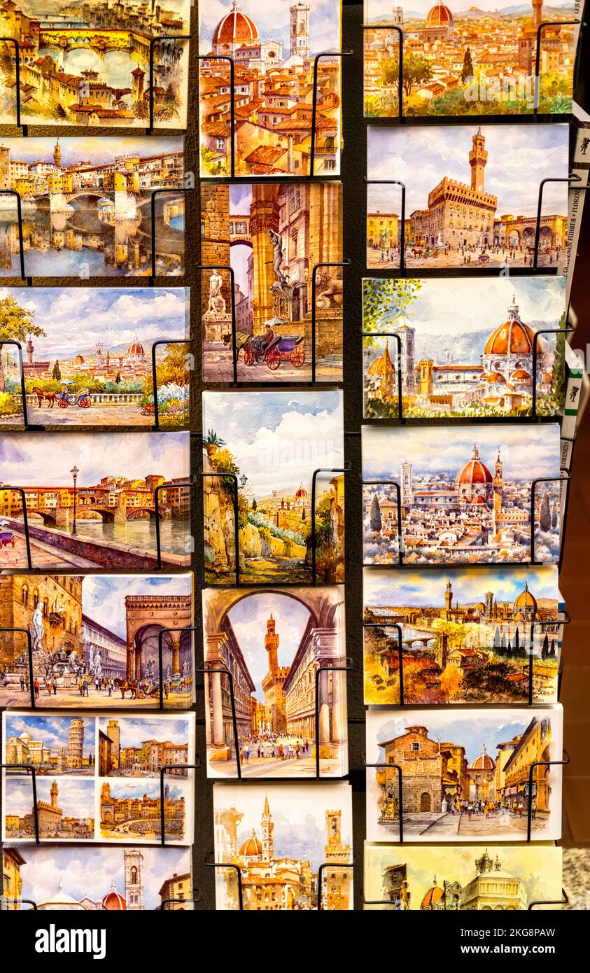 Firenze, Italia, colorati magneti di Firenze in vendita presso la bancarella, Piazza di Santa Croce Foto Stock