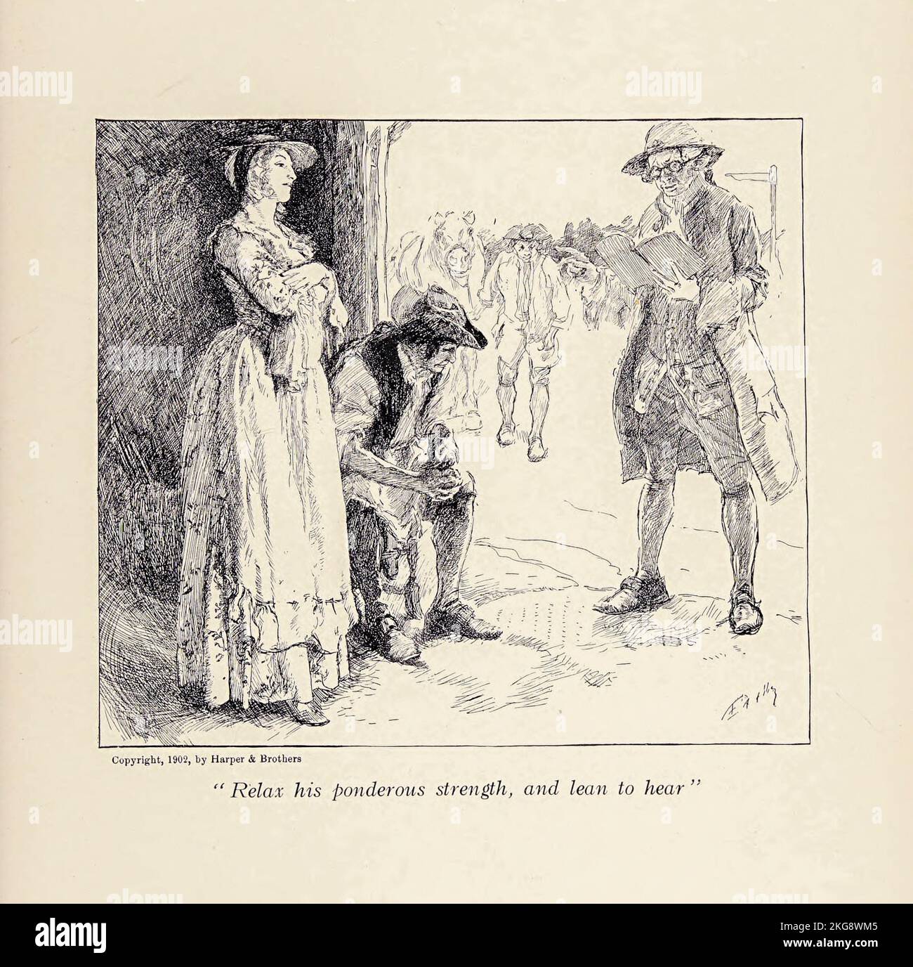 RILASSA LA SUA FORZA PONDERALE, E SI INCLINA AD ASCOLTARE l'illustrazione di Edwin A. Abbey dal poema The Deserted Village di Oliver Goldsmith pubblicato nel 1902. The Desered Village è una poesia di Oliver Goldsmith pubblicata nel 1770. Si tratta di un'opera di commento sociale e condanna lo spopolamento rurale e la ricerca di una ricchezza eccessiva. Oliver Goldsmith (10 novembre 1728 – 4 aprile 1774) è stato un romanziere, drammaturgo, drammaturgo e poeta anglo-irlandese, noto soprattutto per il suo romanzo il Vicario di Wakefield (1766), il suo poema pastorale The Desered Village (1770), e le sue opere The Good-Natur'd Man (1768) e She St Foto Stock