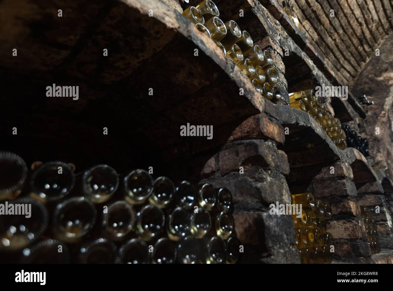 Primo piano di una bottiglia di vini in cantina Foto Stock