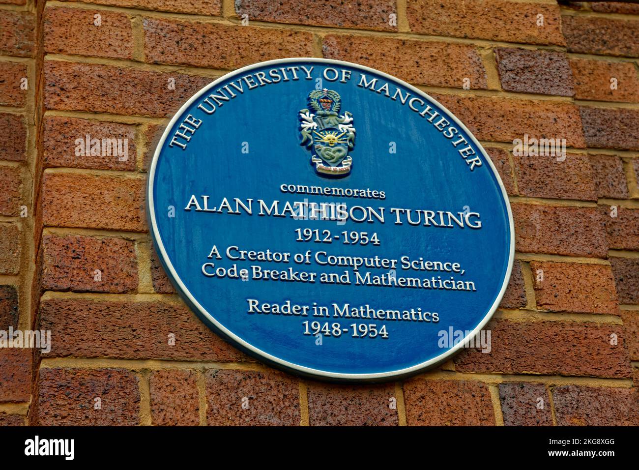 Blue Plate in Coupland Street dell'Università di Manchester per celebrare il lavoro svolto da Alan Turing in Matematica e Informatica. Foto Stock