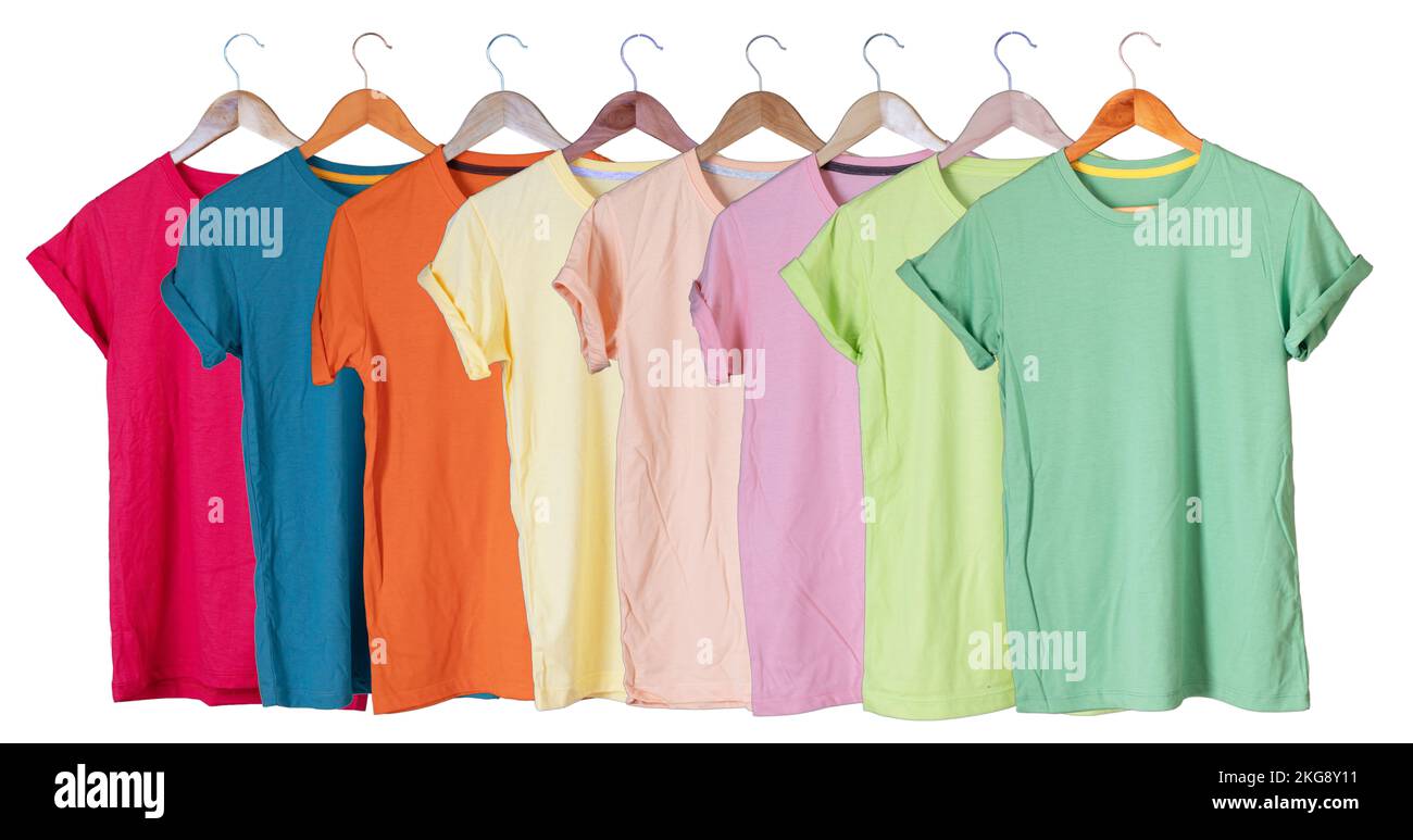 Giovane maschio in t-shirt colorata Roll up maniche modello sfondo trangenitore T appendiabiti in legno su sfondo vuoto per uomo design mockup concetto uomo Foto Stock