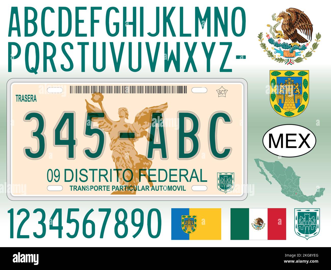 Messico, targa del Distretto Federale con numeri, lettere e simboli, illustrazione vettoriale Illustrazione Vettoriale