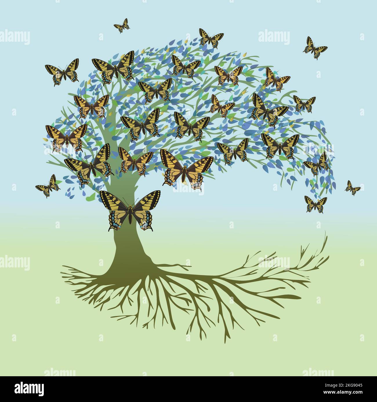 Un albero di vita, chiamato anche yggdrasil, con farfalle a coda di rondine nella corona. L'albero è a forma di luna e aveva anche foglie bluastre. Le radici del Illustrazione Vettoriale
