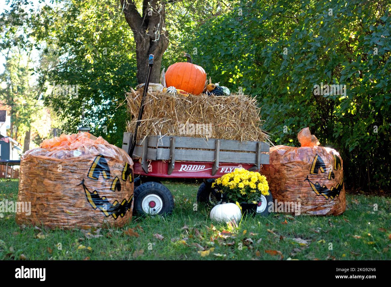 Decorazioni di Halloween, balle di fieno su un carro sormontato da una zucca e sacchi di jack-o'-lanterna pieni di foglie. Fergus Falls Minnesota MN USA Foto Stock