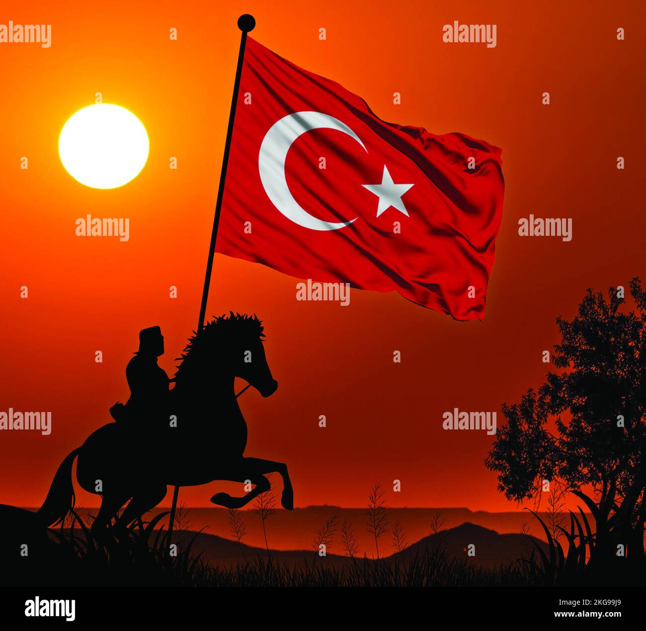 Bandiera nazionale della Turchia che sventura nelle mani del soldato sulla schiena a cavallo, raffigurante vittoria, conquista e libertà Foto Stock