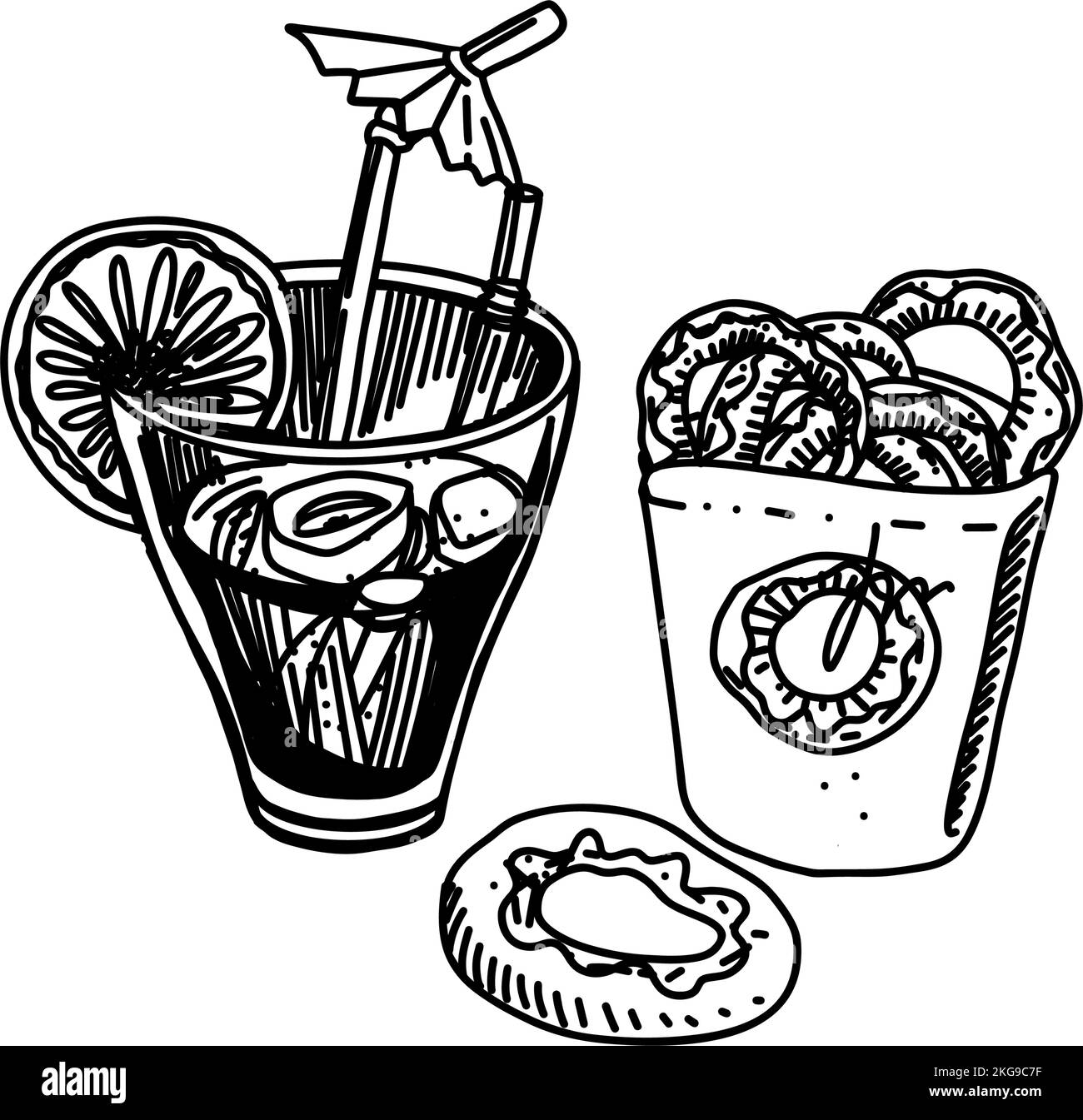 Coctail freddo con lime e confezione di ciambelle. Isolato su sfondo bianco Illustrazione Vettoriale