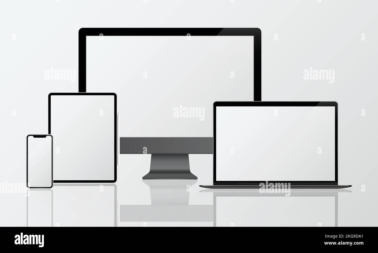 Modelli di dispositivi per computer digitali. 3D file EPS vettoriali modificabili per laptop, LED, smartphone e tablet. Illustrazione Vettoriale