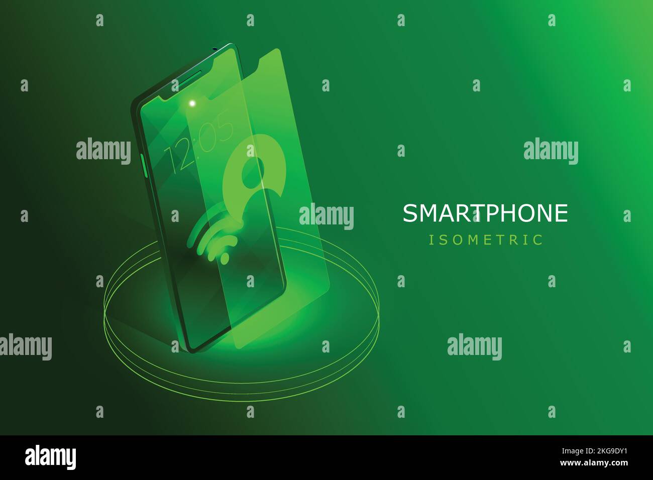 Banner sulla tecnologia 5G o 6G con smartphone in tema verde. Illustrazione Vettoriale