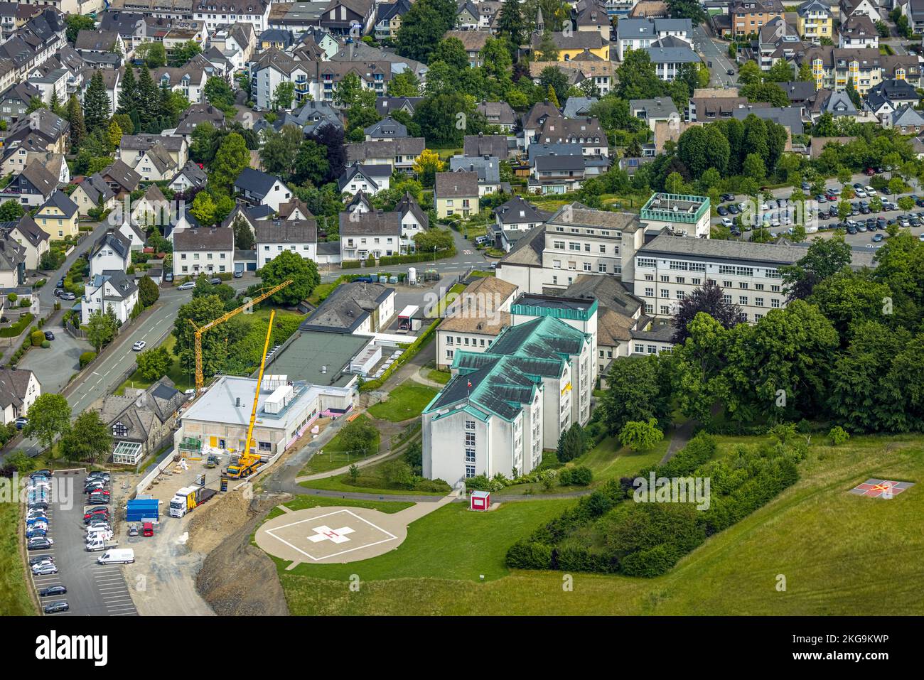Vista aerea, St. Ospedale di Walburga Meschede e cantiere con nuovo edificio, città di Meschede, Meschede, Sauerland, Renania settentrionale-Vestfalia, Germa Foto Stock