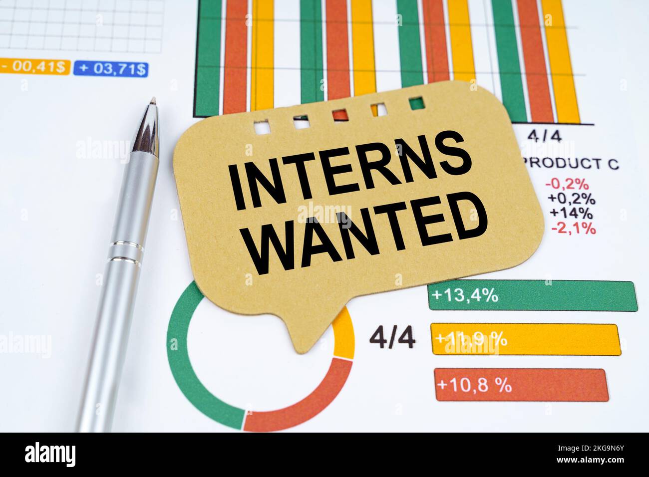 Concetto aziendale. Sui grafici di affari è una penna ed un segno con l'iscrizione - gli interni volevano Foto Stock