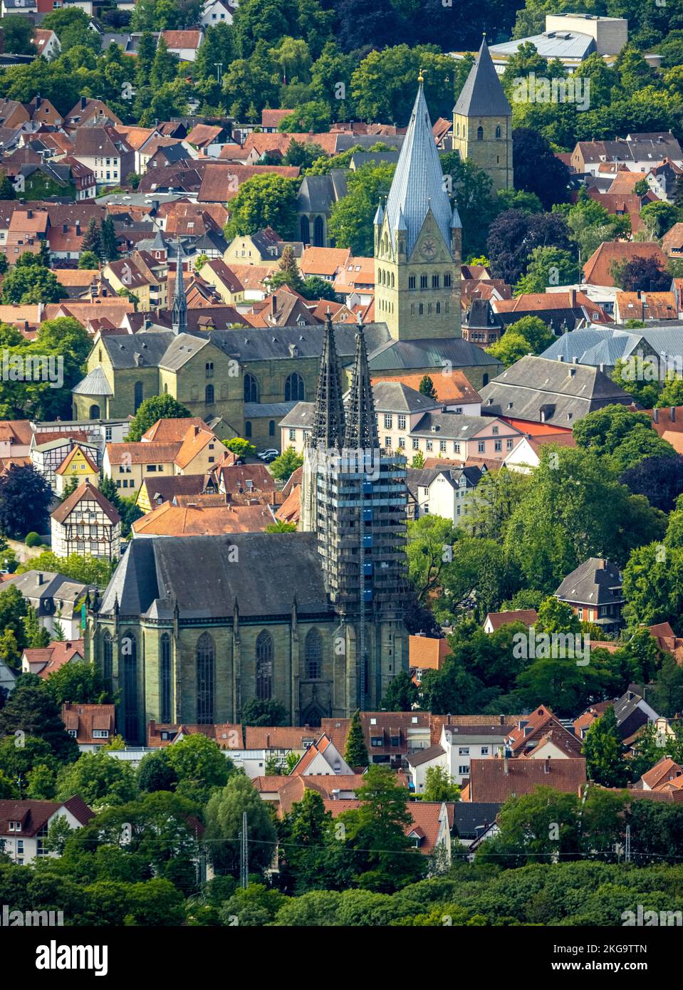 Vista aerea, città vecchia con (di fronte) evang. chiesa Sankt Maria zur Wiese (Wiesenkirche), San Cattedrale di Patrokli e Chiesa di Sankt Pauli, Walburger, Foto Stock