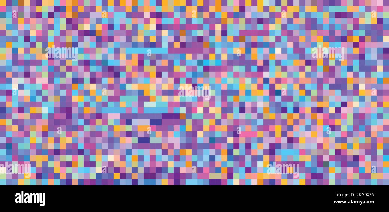Mosaico di pixel multicolore dominato da viola, arancione e blu. Motivo grafico vettoriale tessellato. Colori CMYK Illustrazione Vettoriale
