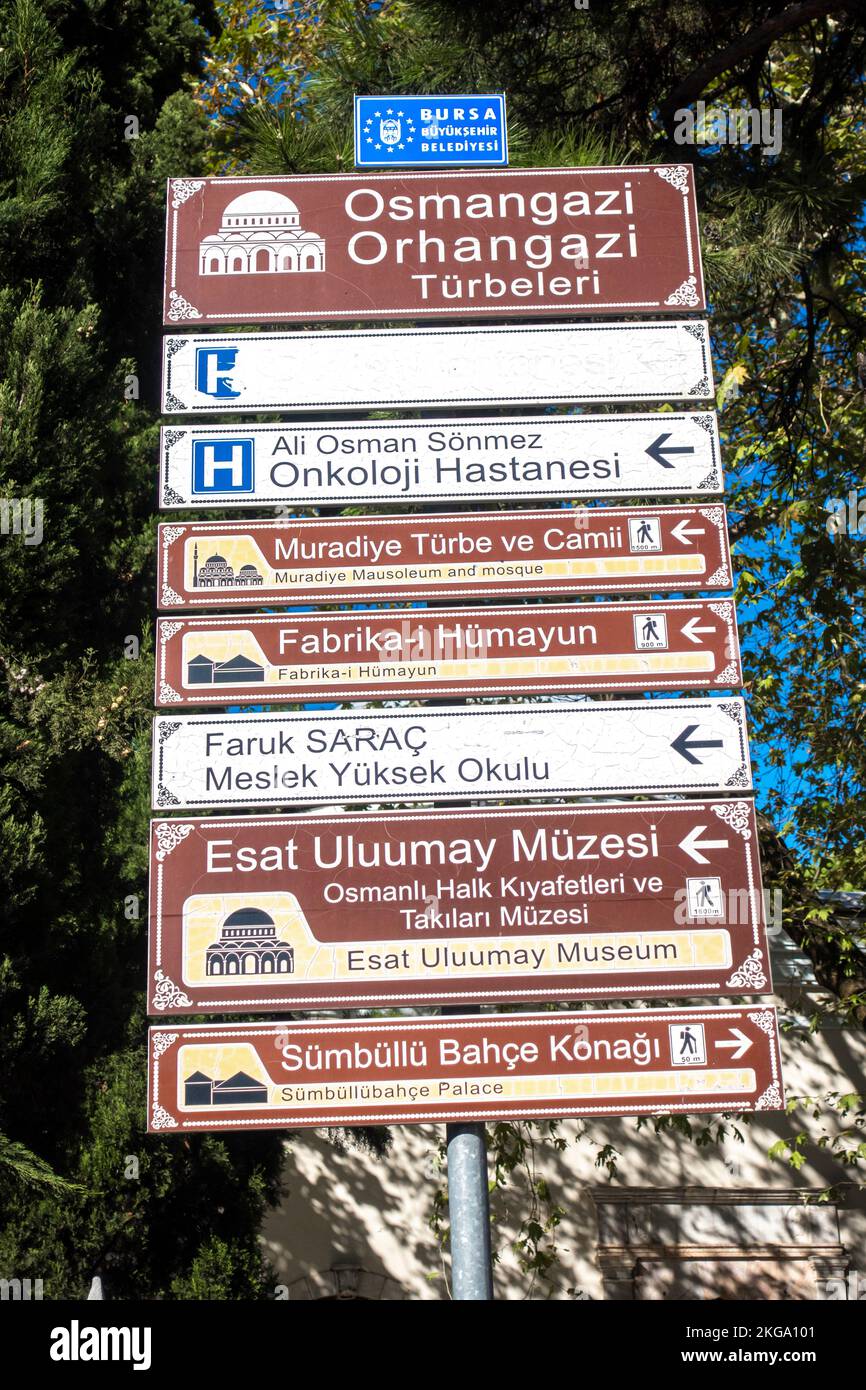 Bursa Turchia. Segnali direzionali, punti di riferimento, attrazioni turistiche. Foto Stock