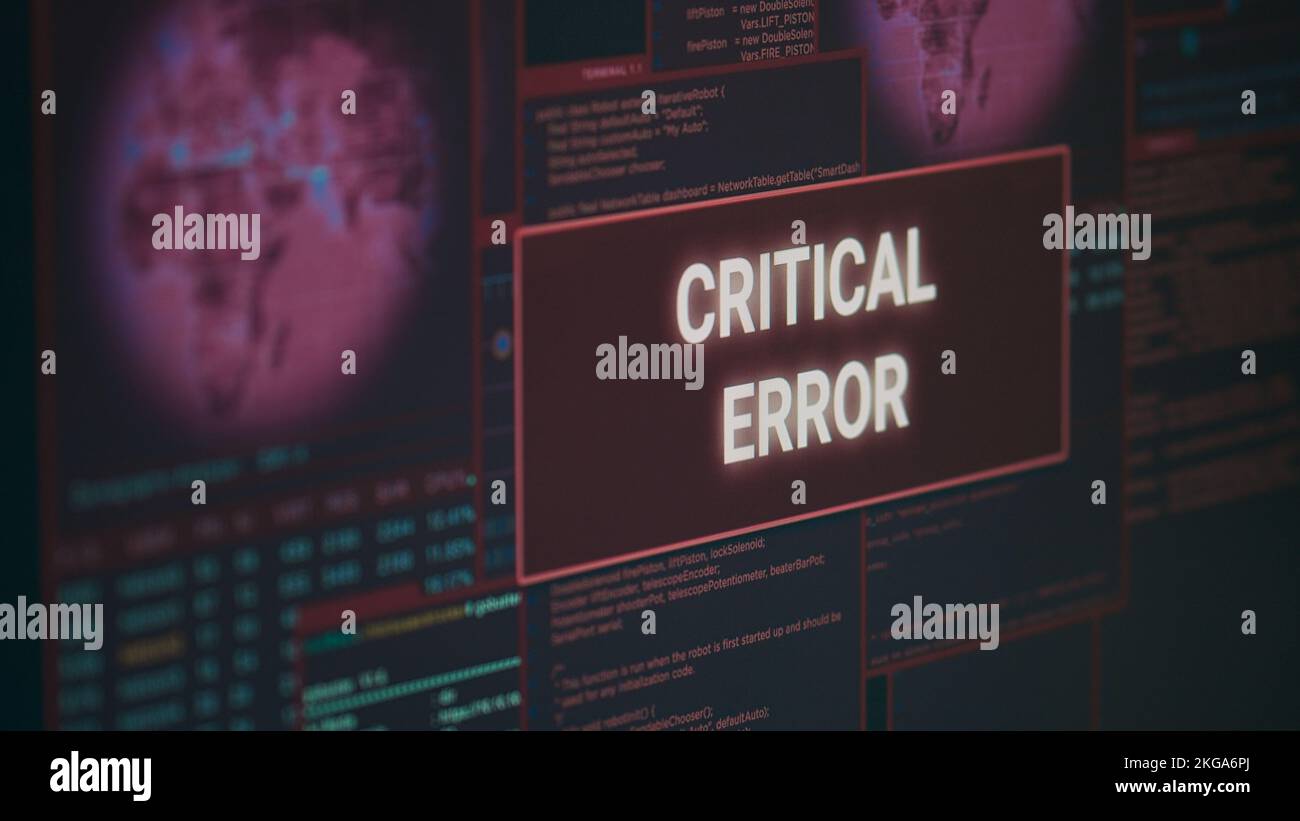 Computer che mostra l'avviso di hacking e il messaggio di errore critico lampeggiante sullo schermo, che si occupa di attacchi informatici. Monitor con crash del sistema e pericolo di violazione della sicurezza. Primo piano. Foto Stock