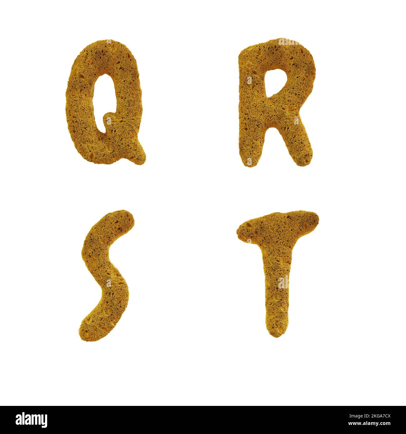3D rappresentazione dell'alfabeto maiuscolo della spugna gialla - lettere Q- T. Foto Stock