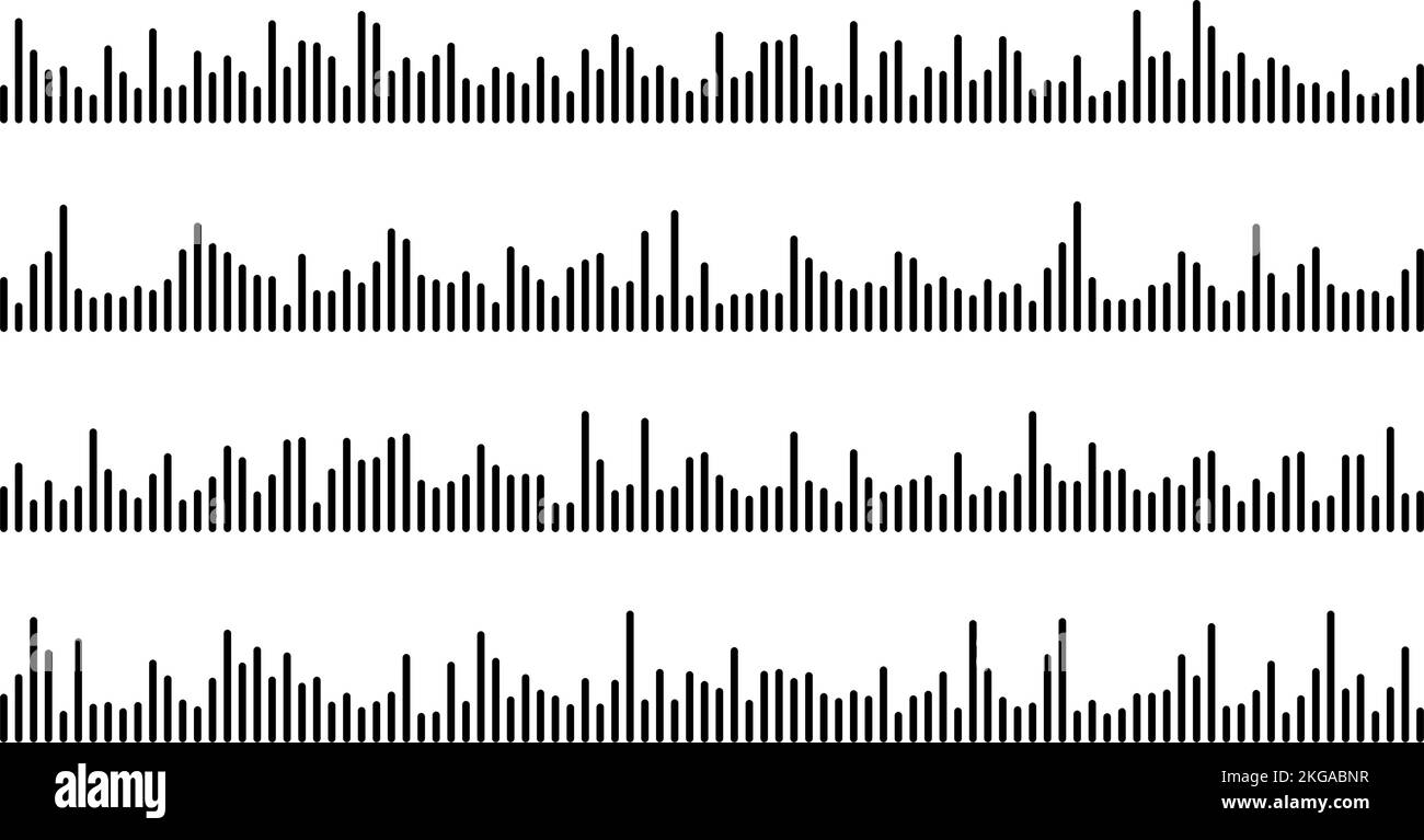 Sono impostate le barre nere delle onde sonore. Musica, podcast, tracce audio o messaggi vocali. Collezione Equaliser Elements. Concetti di diagramma, grafico o segnale. Illustrazione Vettoriale