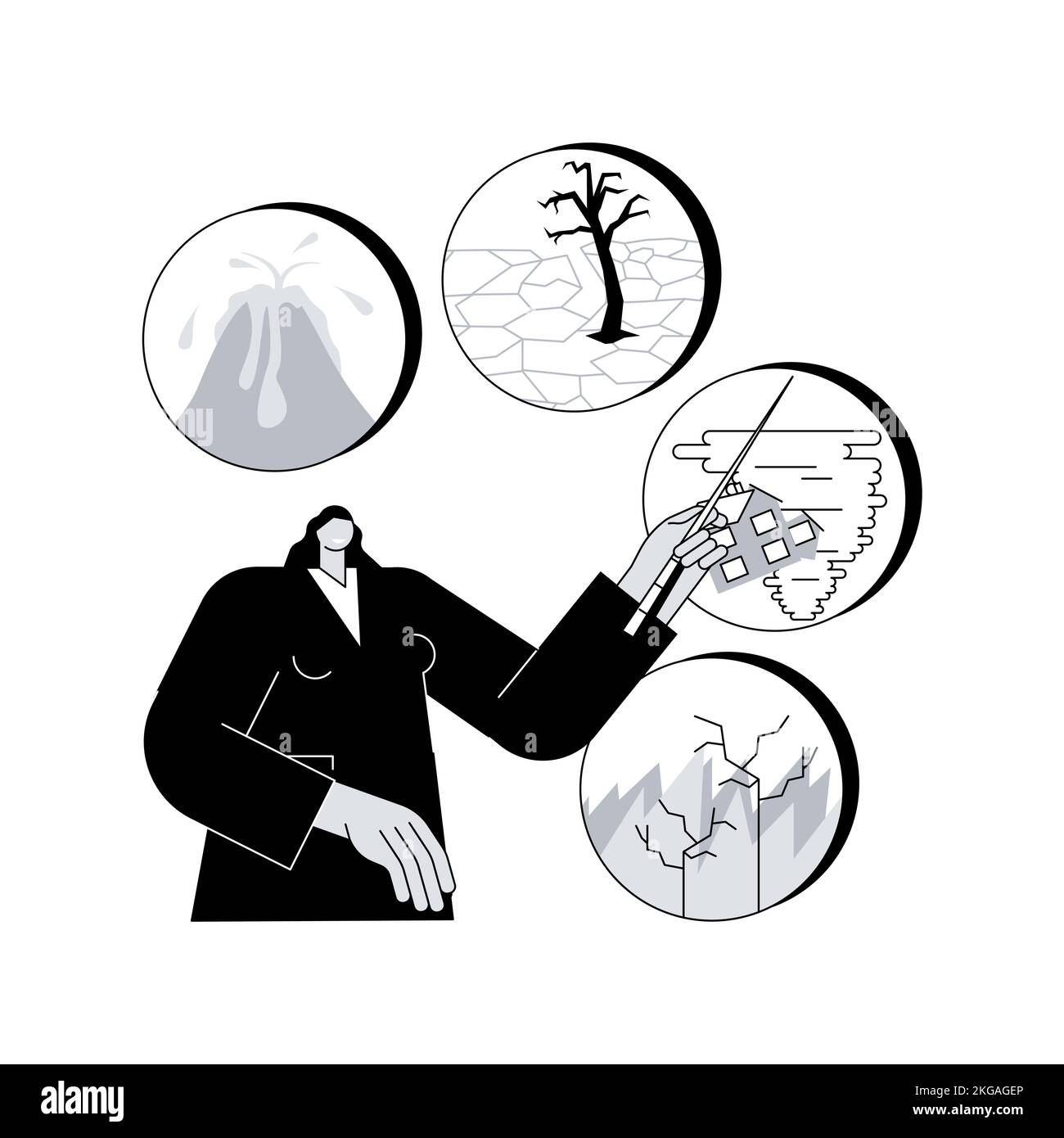 Illustrazione vettoriale del concetto astratto della scienza del rischio. Scienza del rischio naturale, gestione, classificazione delle catastrofi, previsione, valutazione dei danni e dei rischi, simbolo che significa metafora astratta. Illustrazione Vettoriale