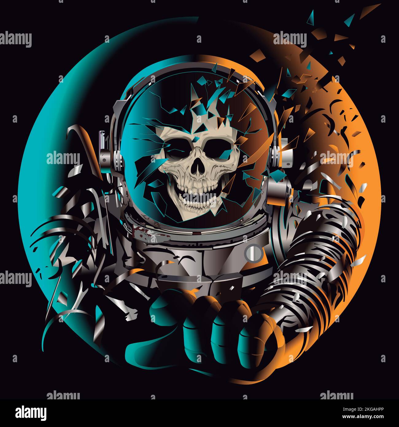 cranio astronauta, spaziale, casco rotto, astrista vintage horror poster perso nello spazio galassia voyager spazio astronauta morto. Casco frammentato Illustrazione Vettoriale