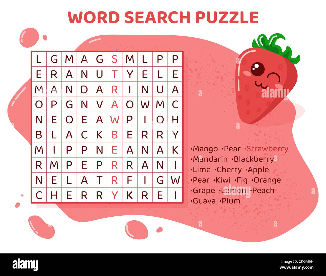 Parola di ricerca puzzle con frutti e bacche. Illustrazione Vettoriale