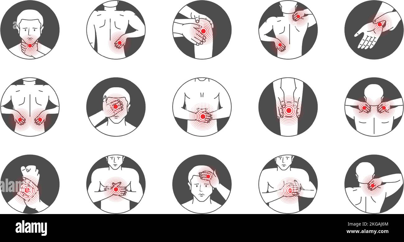 Dolore e lesioni alle diverse parti del corpo. Gruppo di schizzo dei dolori del corpo. Mal di testa, collo, spalla, ginocchio, torace, addome, polso, schiena, gomito. Illustrazione Vettoriale