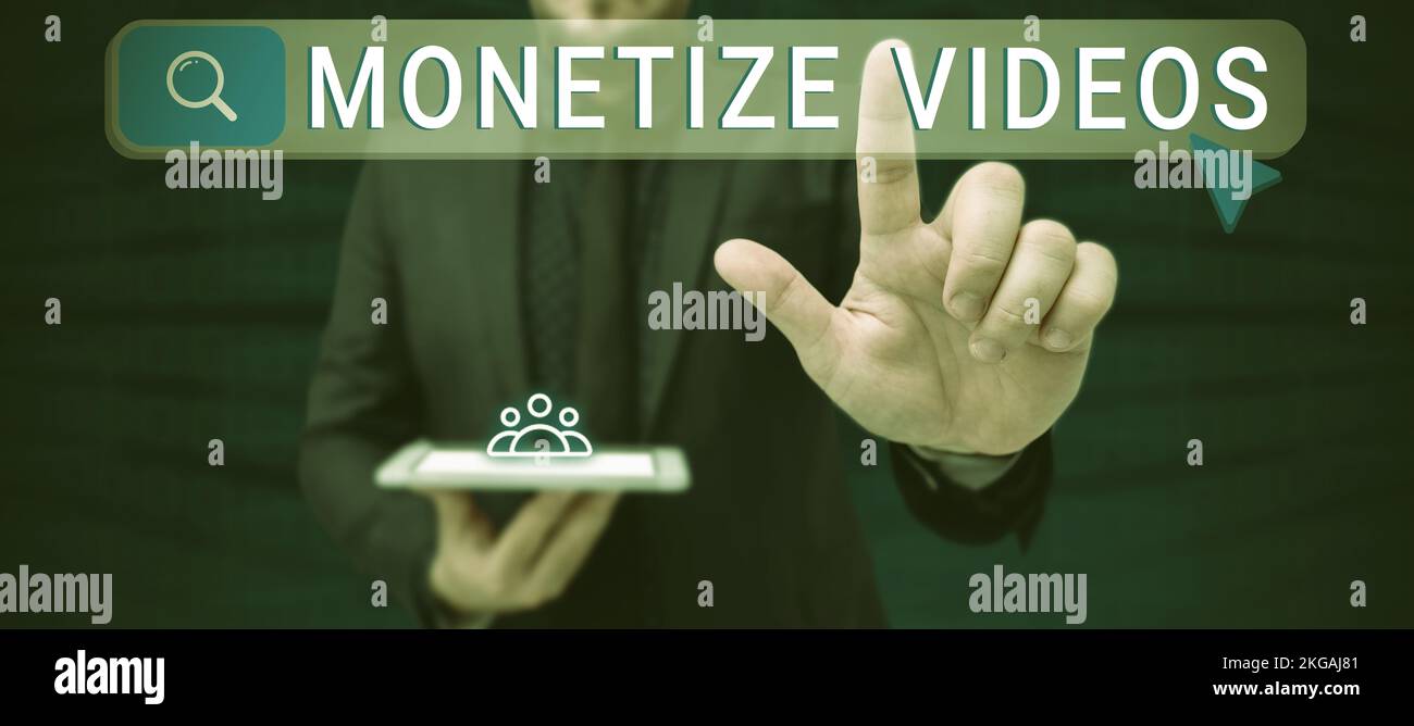 Cartello di testo che mostra Monetizza video. Processo concettuale su Internet per guadagnare denaro dai tuoi video di YouTube caricati Foto Stock